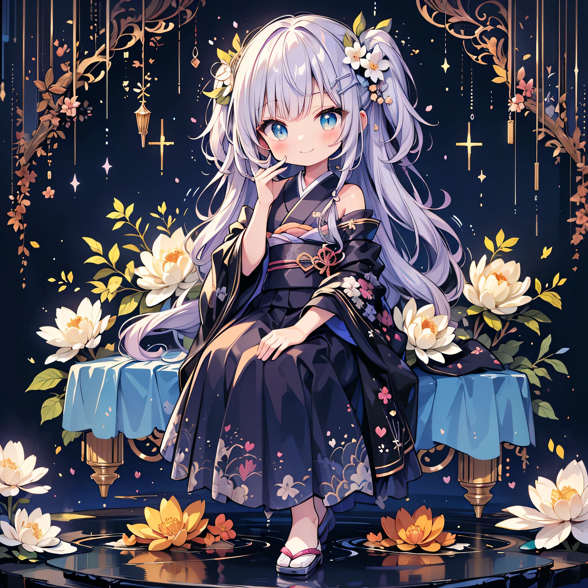 to you,] neon color、 top quality、 Masterpiece、 super detailed、 dynamic best composition 、 simple background、Seven gradation hair colors、 Smooth Straight Hair 、Goth Kimono、whole body、cute、Frills、fun、smile、Hurrah、 Cute and Unique Hairstyles、シアン neon colorパレット、 is holding a Japanese umbrella