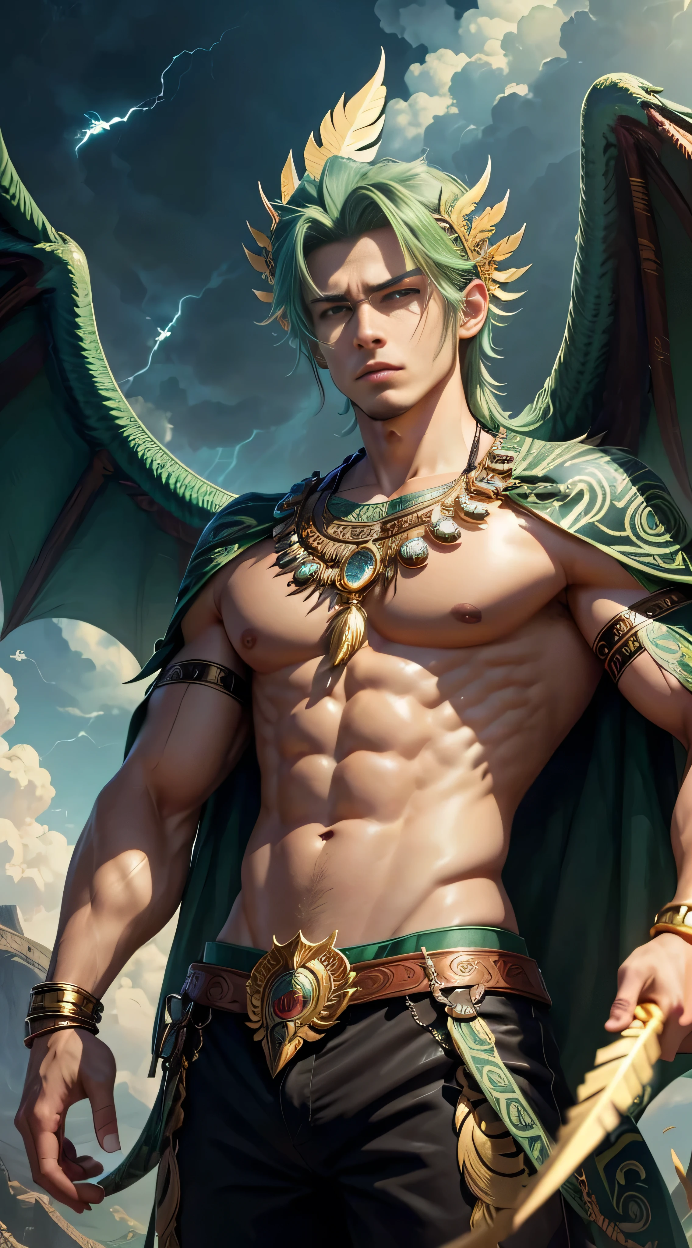 masterpiece,  top quality, { top quality}, {{masterpiece}}, { high definition }, Anime,  1 boy, Adult male,  attractive, exotic,  Quetzalcoatl,  Kukulcan , snake神,  dragon, snake, Flying Feathers , feather, Aztec, gold, gold, thunder, thunder  