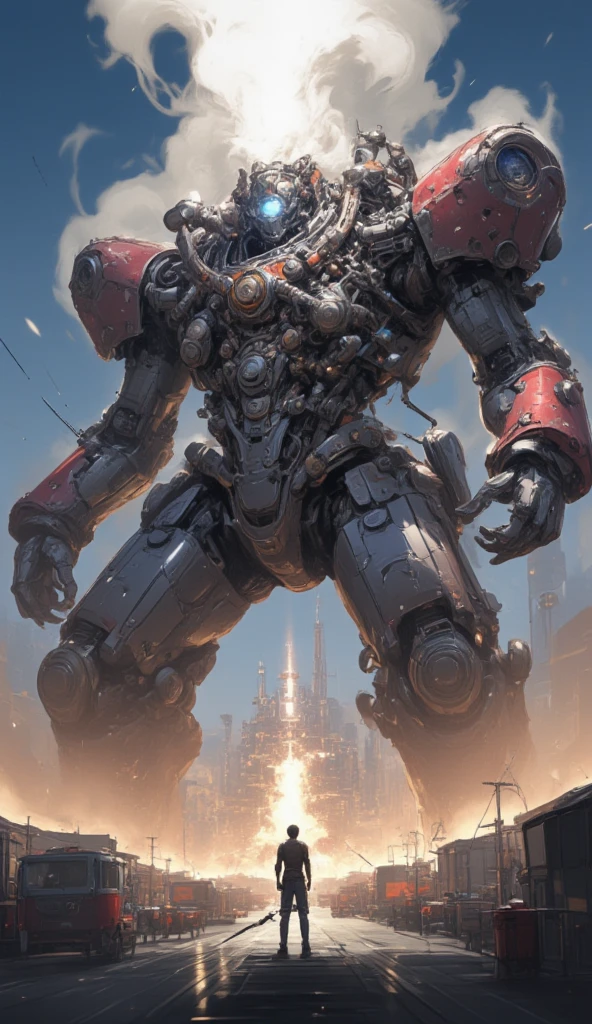 steam engine everywhere.(in the steampunk mechanical beautiful city,focus at the people of the city), (gigantic Steampunk mecha,taking fight stance, realistic, dynamic background, focus on robot, blurry background,dynamic angle,shot from below,impressive,Substantial,Imposing,Solid,overwhelming presence.,Steam erupting from body.pilot is looking up at).  (steampunk landscape, ground level shot). sci-fi,science fiction.(highly detailed, the wallpaper, golden ratio, high saturation realism, vibrant colors, dramatic lighting, persuasive storytelling, atmospheric scenery, captivating visuals, intricate details, strong emotions, dreamlike world).great landscape.screen shot of game,clckwrk,steam