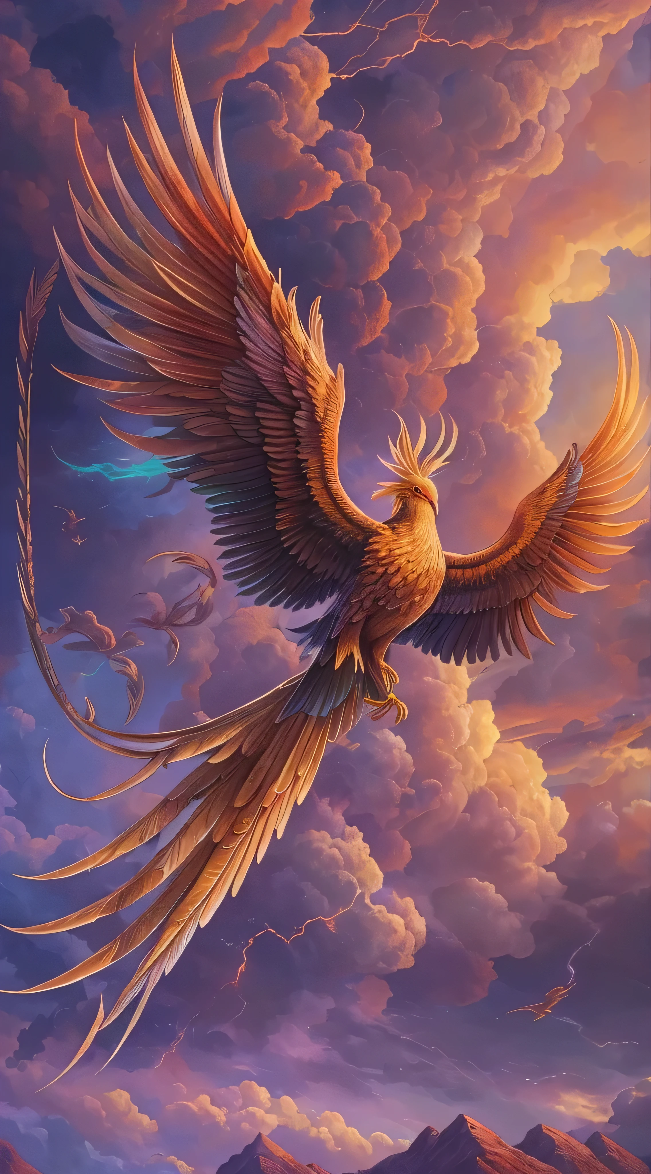 masterpiece,  top quality, { top quality}, {{masterpiece}}, { high definition }, Phoenix, Detailed Images,  attractive, exotic, , Great God, Phoenix, Flying Feathers , Colorful sky, Under the beautiful sky, thunder