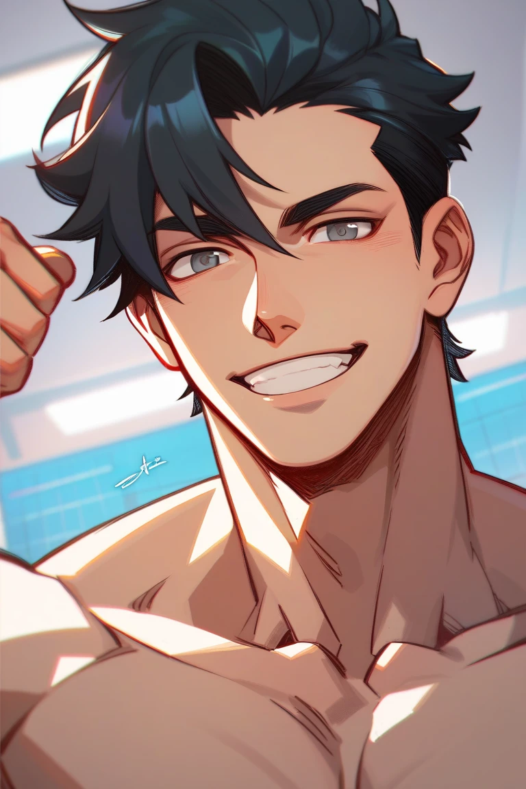 ((androgynous)), beautiful, (very short hair), (pudgy face), nipples, (へそ), ((boyish)), (cute), (chubby), belly, (sexy), (thick), (beefy), (nude), (handsome), smile, muscular, (座っている)