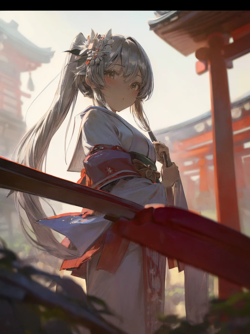 (masterpiece, highest quality:1.2),  1 girl, 
(japanese shrine), (japanese miko)
,  (lots of drool), The body shakes violently,
 ((Hasselblad Photos)), [:(detailed face:1.2):0.2],
(Silver twin-tail hairstyle) , silver long hair 