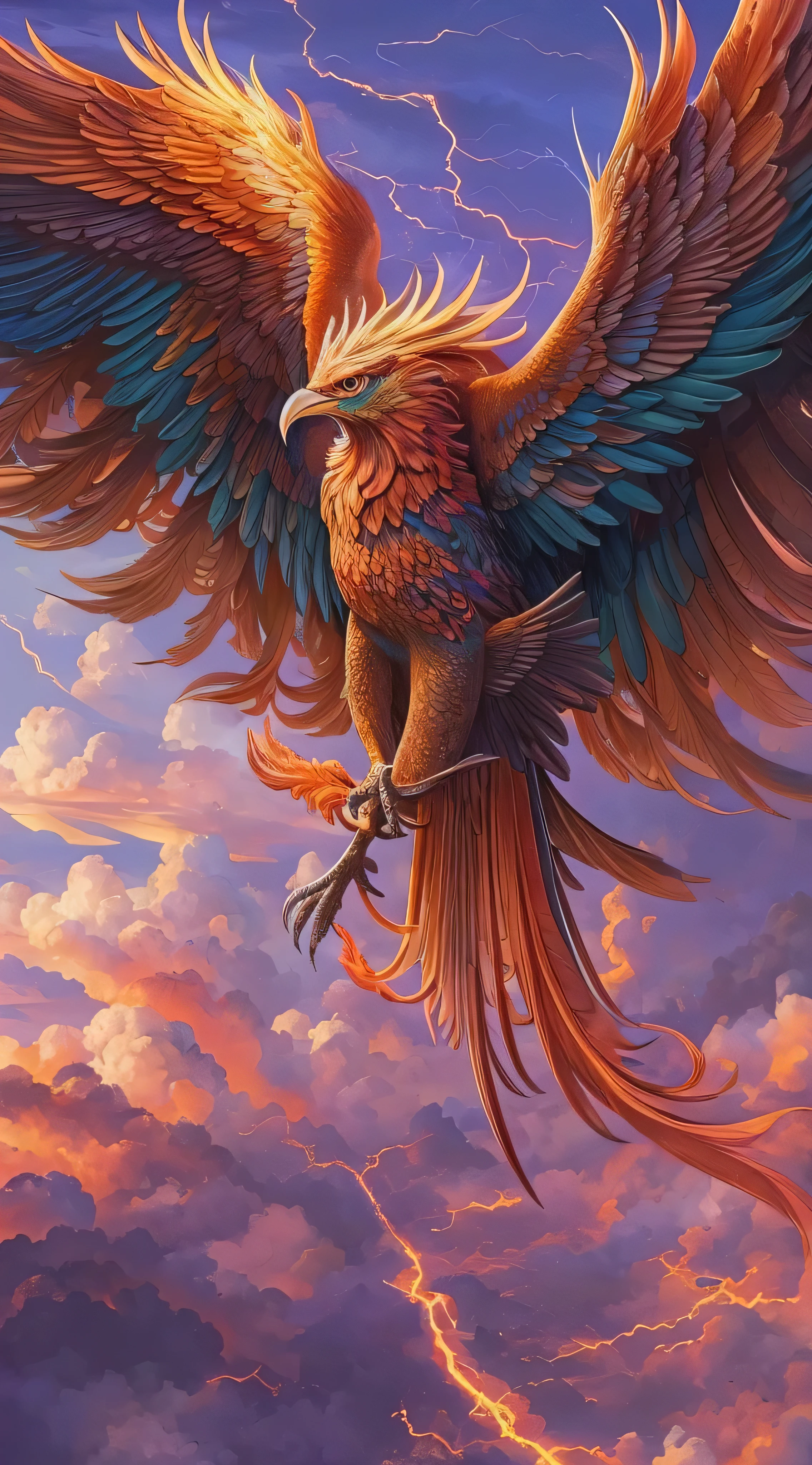 masterpiece,  top quality, { top quality}, {{masterpiece}}, { high definition }, Phoenix, Detailed Images,  attractive, exotic, , Great God, Phoenix, Flying Feathers , Colorful sky, Under the beautiful sky, thunder