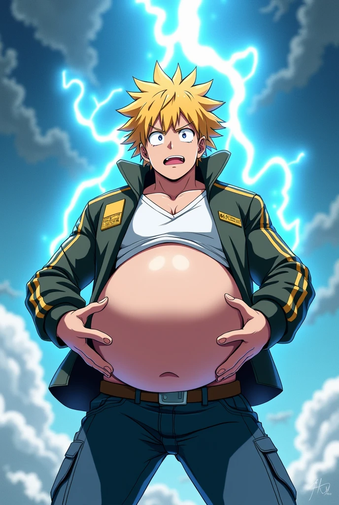 (((best quality, high resolution, masterpiece, best quality))),anime screencap, 1boy, muscular male, sweaty, masterpiece, depth of field, baseballplayer, looking at viewer, laxus_dreyar, yellow hair, chest tattoo, yellow lightning, spark, grin, dynamic pose, ((( pregnant belly))), (((Extra large up bulges penis dripping alot white semen))), (((nude))), (((full body))),