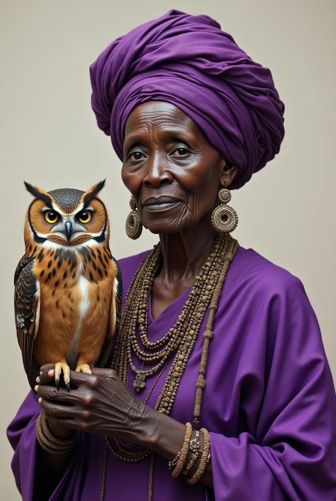 Old woman with wrinkled face , purple turban on his head, AFRICANA, with long necklaces and earrings, purple dress, standing with an owl in his hand