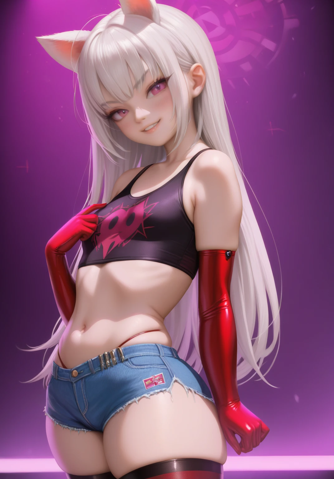 score_9, score_8_up, score_7_up, masterpiece, best quality, highly sexual poses, elinsdxl ,elinxl,1girl,solo, small animal ears, white hair, long hair, looking at viewer, skin indentation, blush, evil smile, smug, small breasts, crop top, short shorts, wide hips, thick thighs, elbow gloves, thigh highs, short, shortstack, dynamic pose, curvy, photorealistic,perfect face, narrow shoulders, SakimiStyle, nightclub,
