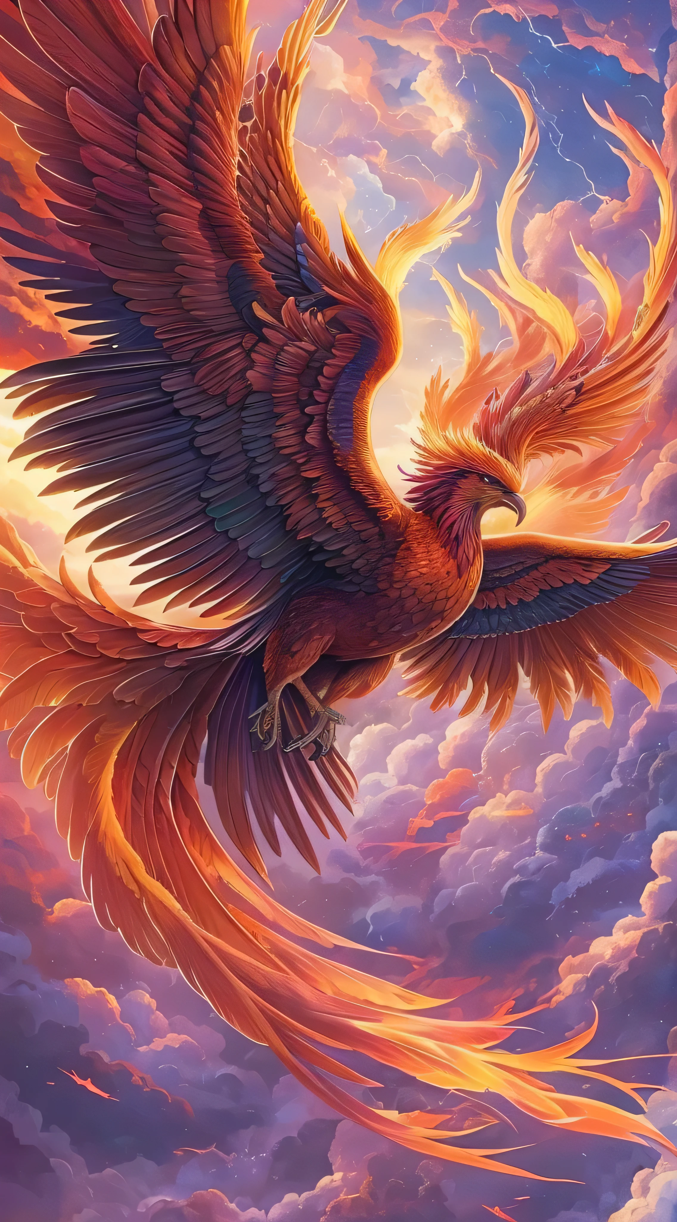 masterpiece,  top quality, { top quality}, {{masterpiece}}, { high definition }, Phoenix, Detailed Images,  attractive, exotic, , Great God, Phoenix, Flying Feathers , Colorful sky, Under the beautiful sky, thunder