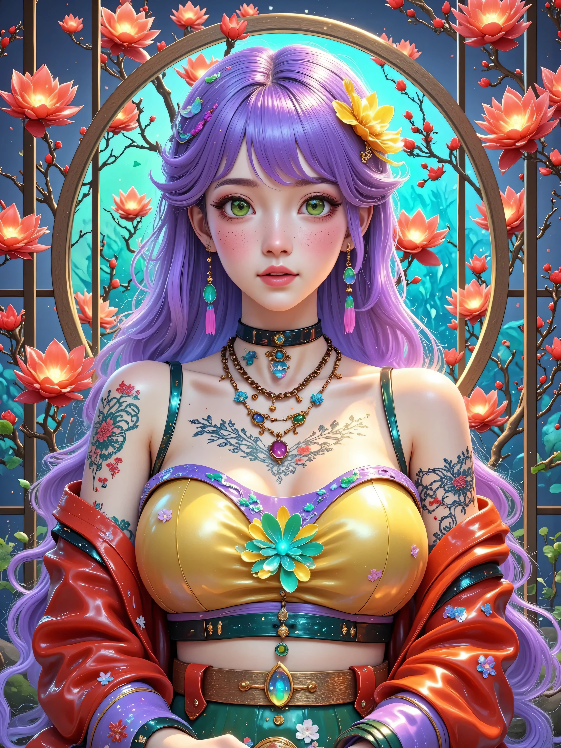 (masterpiece, highres, high resolution:1.2), anime 20 yo girl, portrait, shoulders up, illustration. drawn, violet hair, asian girl, green eyes, blushing, solo, surprised, freckles, big lips, huge breasts, perfect body, wearing a tight crop top, no hands.