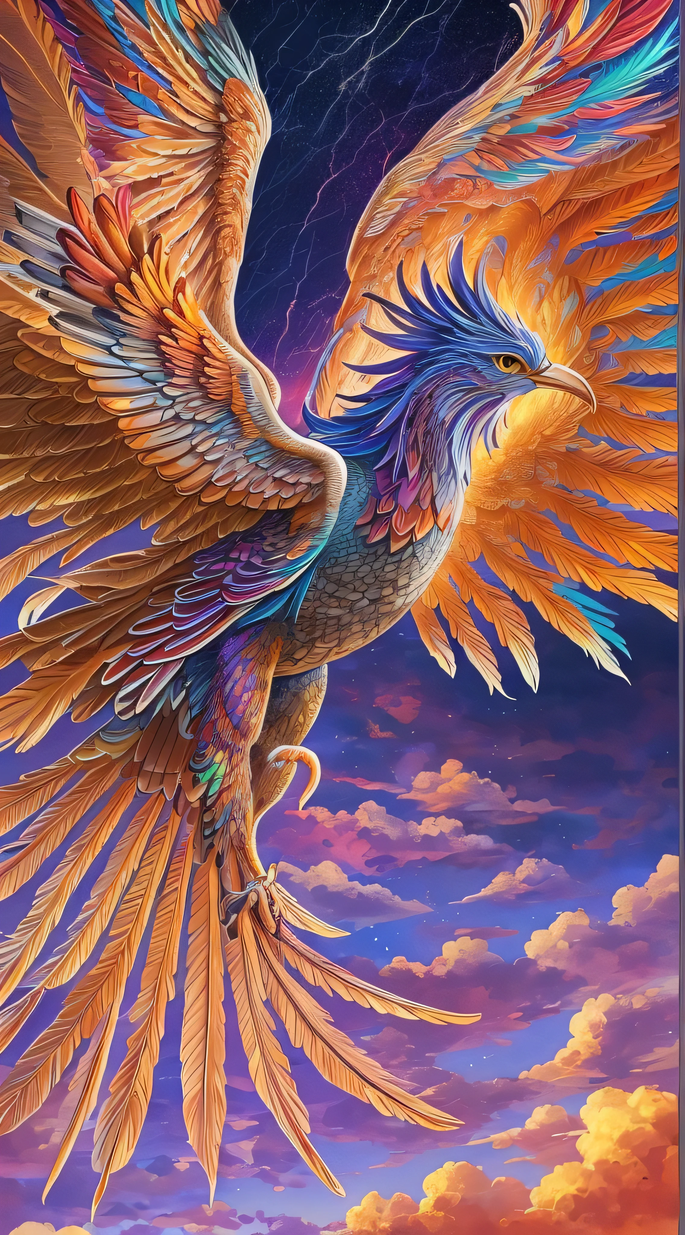 masterpiece,  top quality, { top quality}, {{masterpiece}}, { high definition }, Phoenix, Detailed Images,  attractive, exotic, , Great God, Phoenix, Flying Feathers , Colorful sky, Under the beautiful sky, thunder