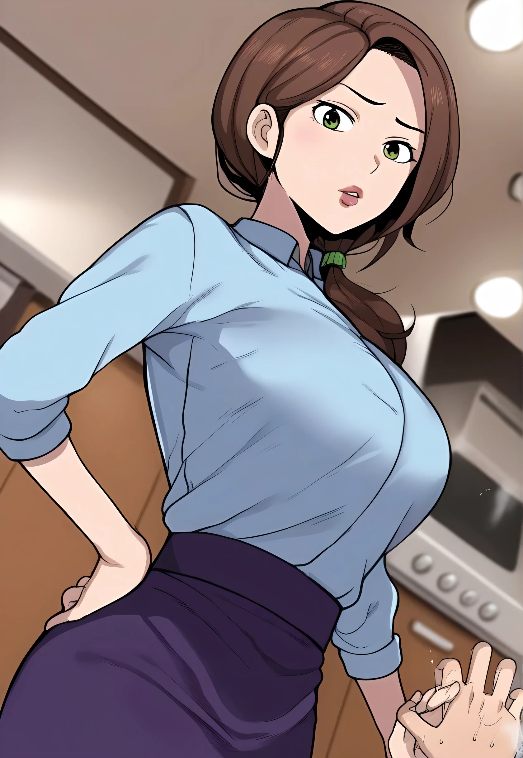 score_9, style terrace Mac break kitchen , blurry background ,Depth of field BREAK POV hand ,Mori_Kaede_\(Terasu_mc\),Below,Looking down, is putting a hand on one's hips,흰 앞skirt,skirt,I'm disappointed ,looking at viewer, brown hair,side_ ponytail,Green eyes,lips, 