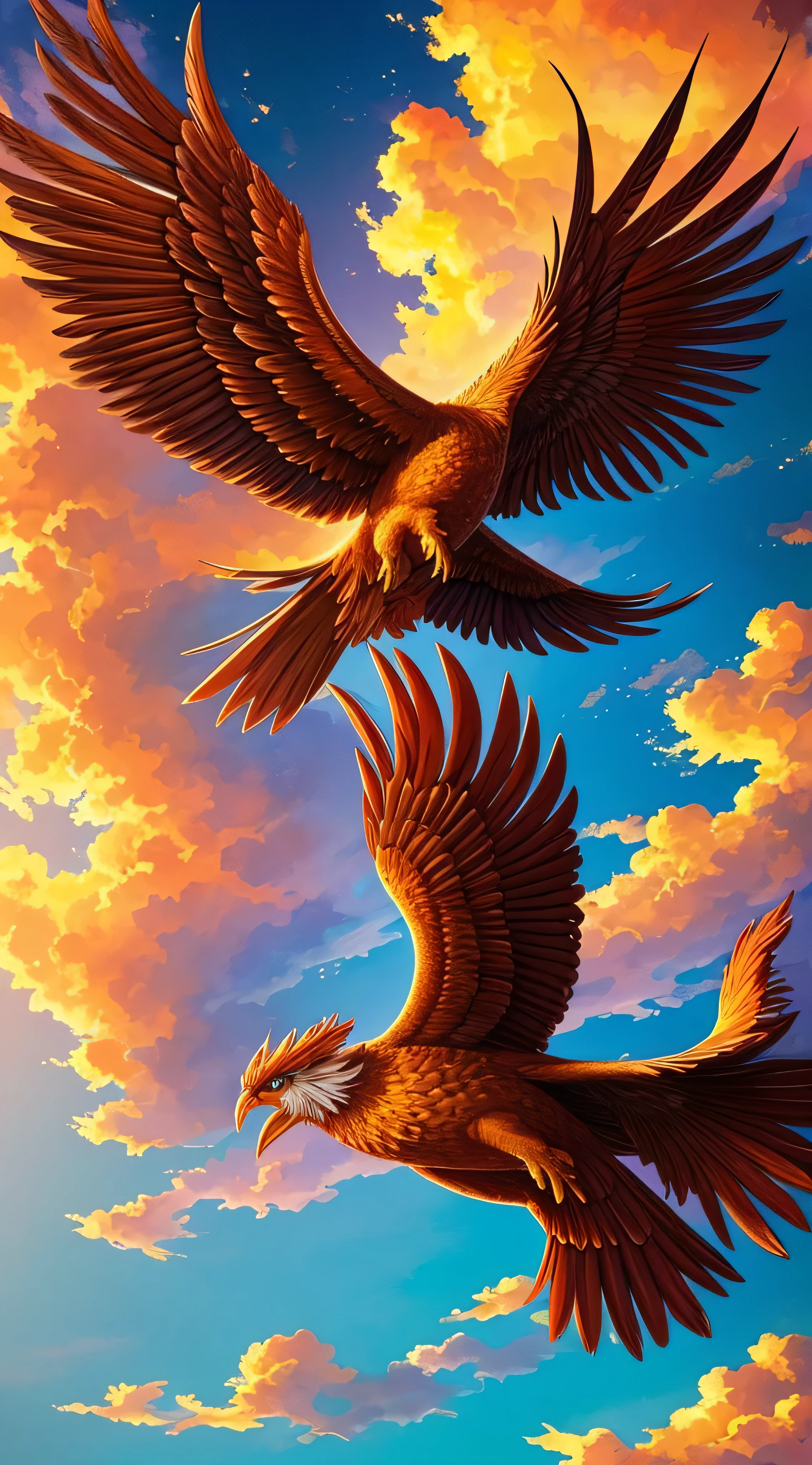 masterpiece,  top quality, { top quality}, {{masterpiece}}, { high definition }, Phoenix, Detailed Images,  attractive, exotic, , Great God, Phoenix, Flying Feathers , Colorful sky, Under the beautiful sky, thunder