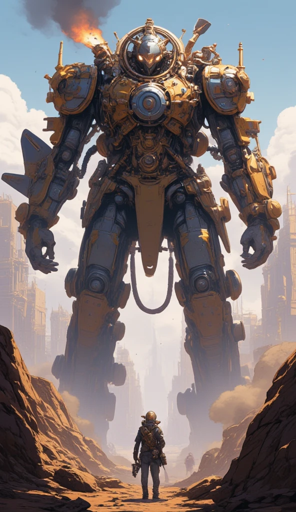 steam engine everywhere.(in the steampunk mechanical beautiful city,focus at the people of the city), (gigantic Steampunk mecha,retro mecha,taking fight stance, realistic, dynamic background, focus on robot, blurry background,dynamic angle,shot from below,impressive,Substantial,Imposing,Solid,overwhelming presence.,Steam erupting from body everywhere.pilot is looking up at).  (steampunk landscape, ground level shot). sci-fi,science fiction.(highly detailed, the wallpaper, golden ratio, high saturation realism, vibrant colors, dramatic lighting, persuasive storytelling, atmospheric scenery, captivating visuals, intricate details, strong emotions, dreamlike world).great landscape.screen shot of game,clckwrk,steam,mood of old comics