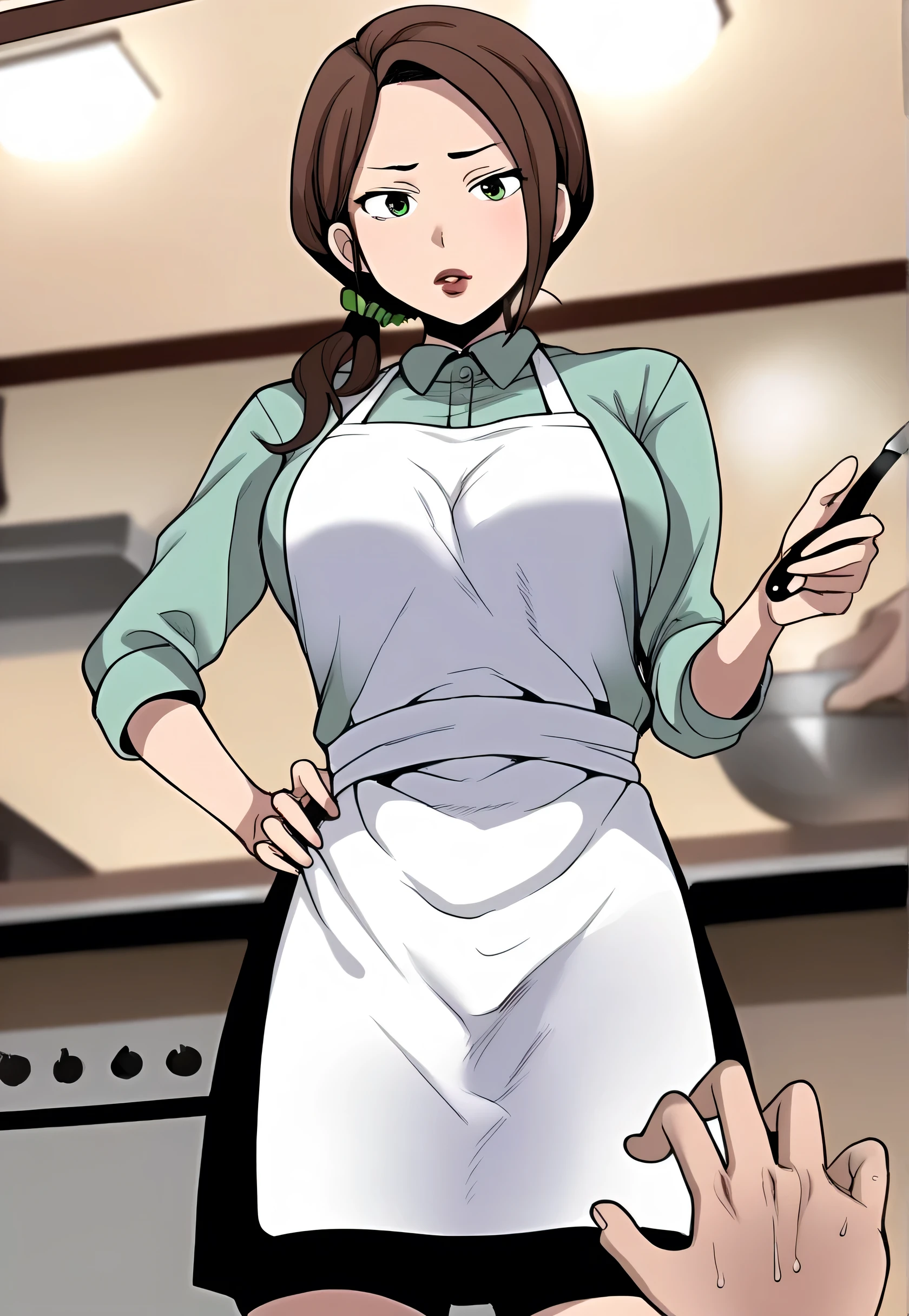 score_9, style terrace Mac break kitchen , blurry background ,Depth of field BREAK POV hand ,Mori_Kaede_\(Terasu_mc\),Below,Looking down, is putting a hand on one's hips,white apron , short skirt,I'm disappointed ,looking at viewer, brown hair,side_ ponytail,Green eyes,lips, 