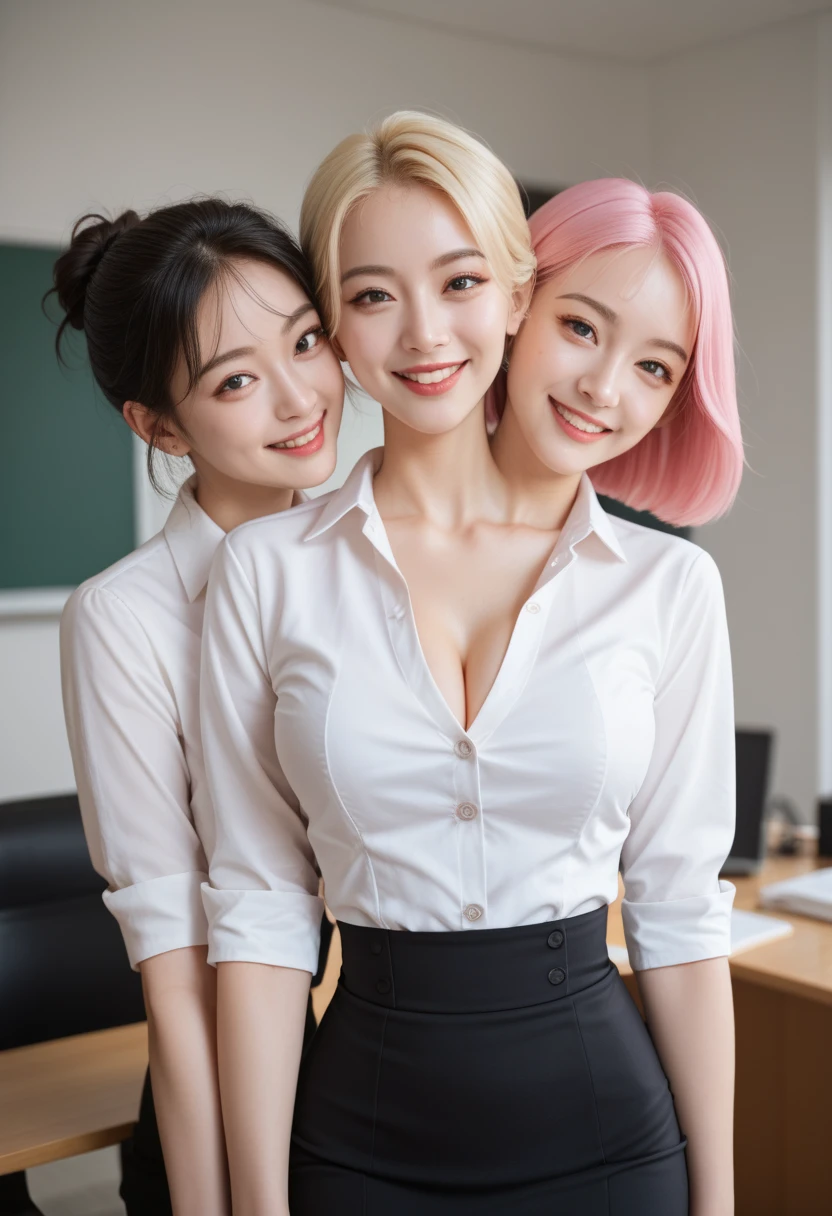 best resolution, conjoined, 3heads,  woman with three heads, tall, big chest, different hairstyles, pink hair, blonde hair, black hair, short hair, white button shirt, high-waist office skirt, smiling