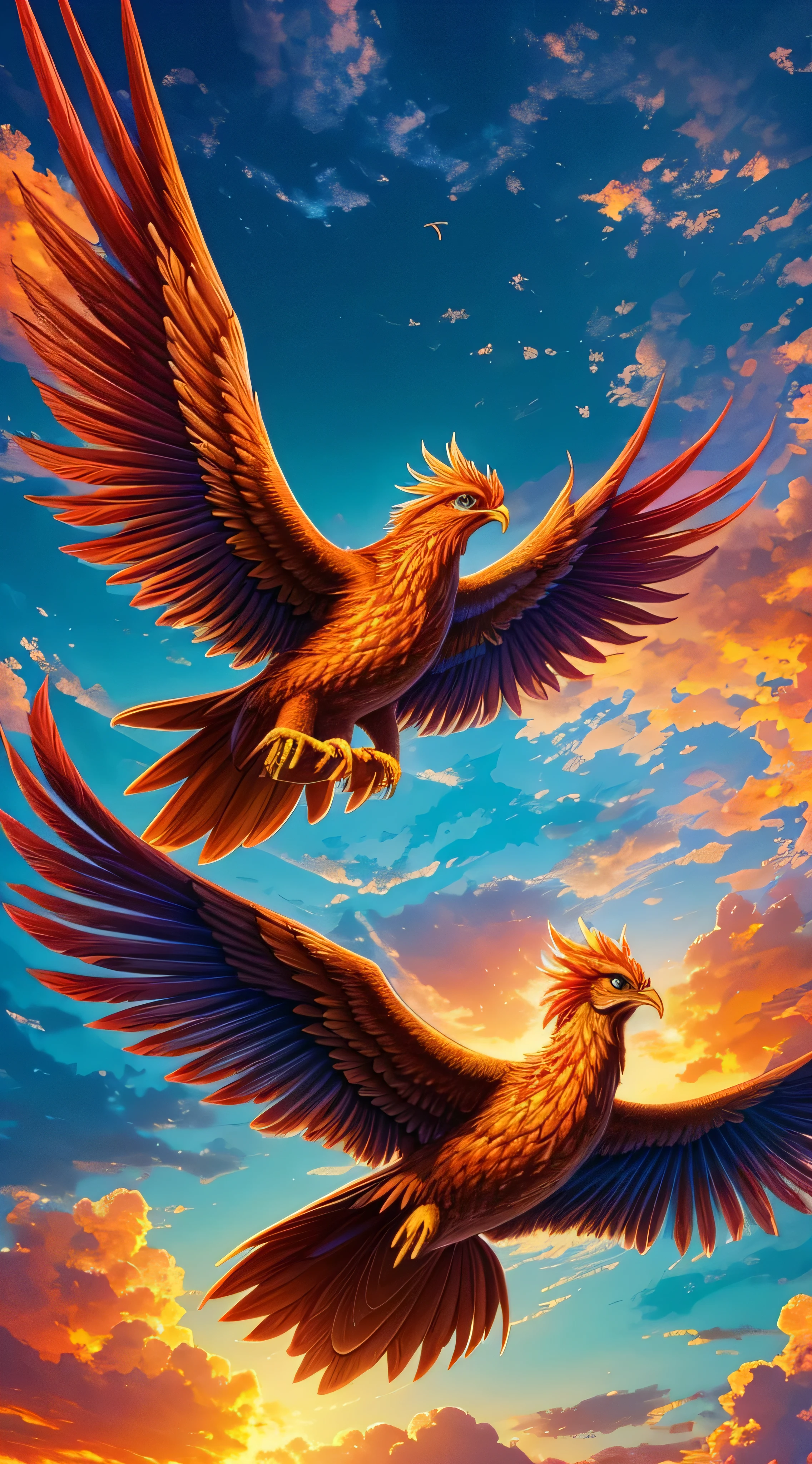 masterpiece,  top quality, { top quality}, {{masterpiece}}, { high definition }, Phoenix, Detailed Images,  attractive, exotic, , Great God, Phoenix, Flying Feathers , Colorful sky, Under the beautiful sky, thunder