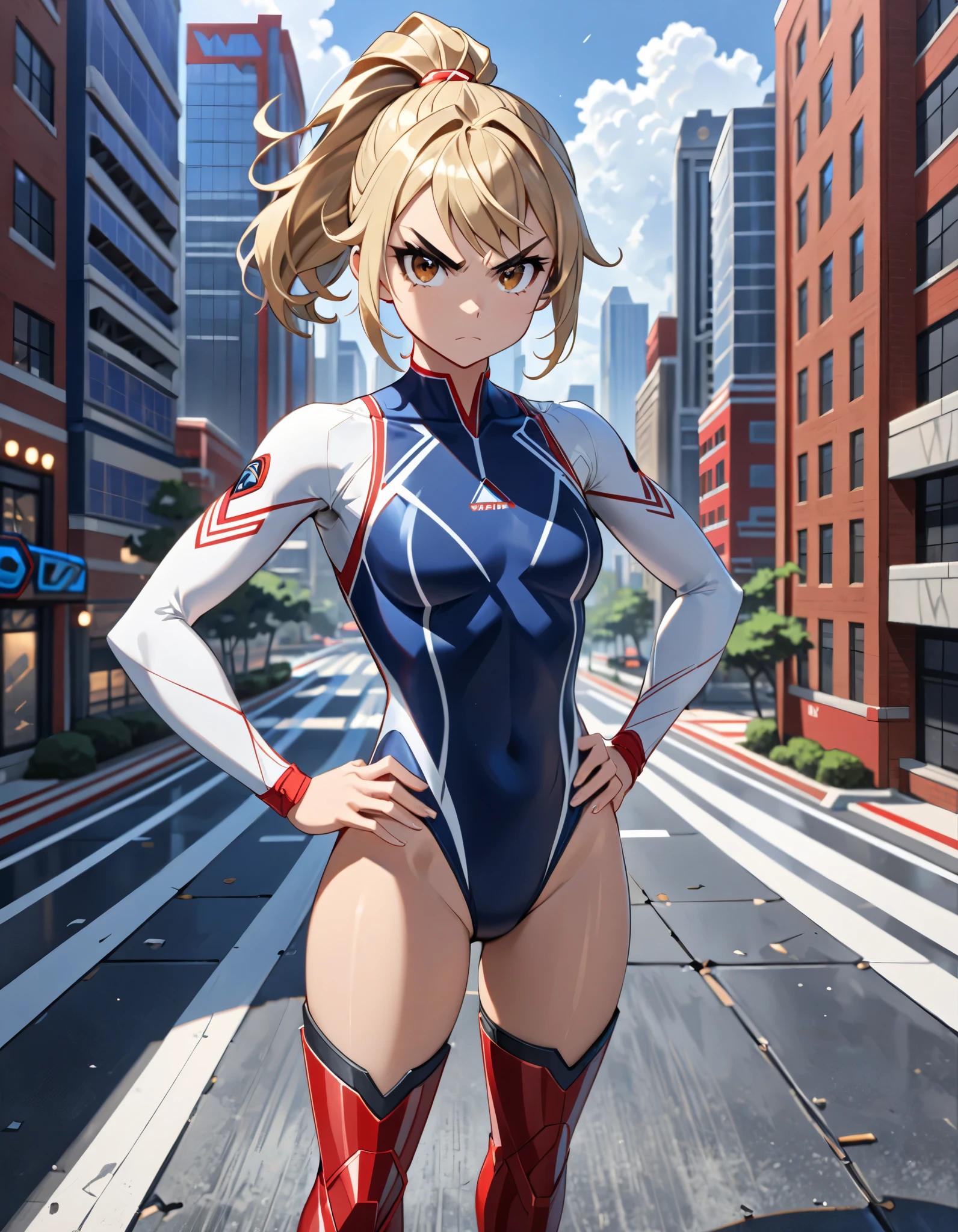 (masterpiece), (best quality), (high res), highly detailed, professional, 1girl, (solo, solo focus), wonder, superhero, anime style, serious, v-shaped eyebrows, perfect hands, complete fingers, (white elastic sleeves:1.4, leotard, navy blue leotard, competition swimsuit), bare legs, blonde hair, ahoge, medium breasts, brown eyes, beautiful detailed eyes, cute eyes, cute face, long hair, looking at viewer, medium breasts, (ponytail:1.2), (red boots, thighhighs), determined, serious, college-age adult female, full body shot. Atlanta street backdrop. Full-body costume design. (hands on hip:1.2), fix hands, standing straight