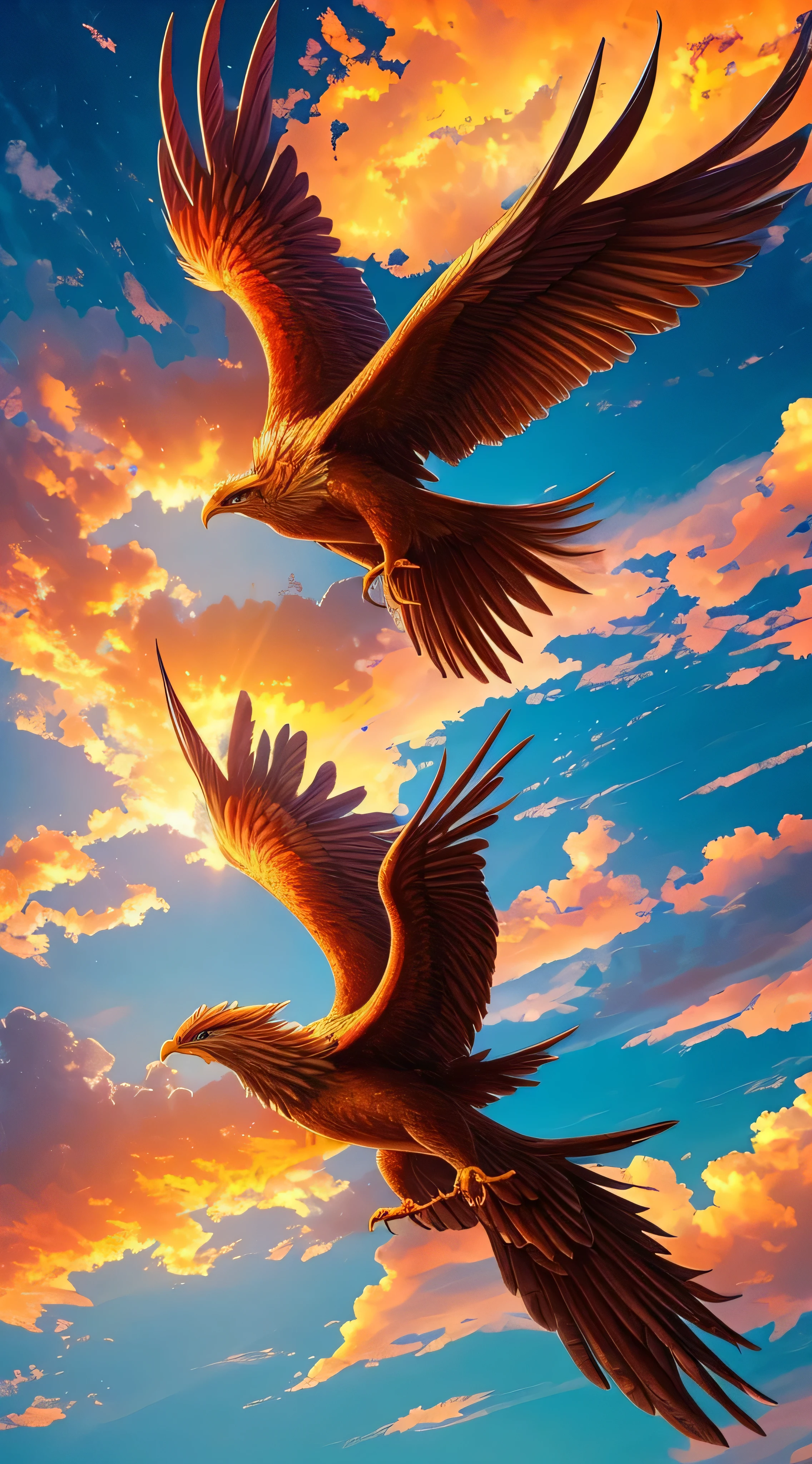 masterpiece,  top quality, { top quality}, {{masterpiece}}, { high definition }, Phoenix, Detailed Images,  attractive, exotic, , Great God, Phoenix, Flying Feathers , Colorful sky, Under the beautiful sky, thunder