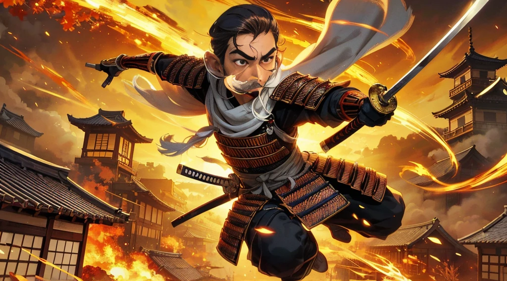 An anime-style illustration of Jin Sakai, wearing a gold mask with a white mustache, in a dynamic battle-ready pose. Traditional samurai armor glints under a fiery sunset, surrounded by cherry blossoms caught in the wind. Warm orange and red hues, dramatic shadows, intense cinematic atmosphere, intricate armor detailing, masterful brushstrokes, Japanese art influence, high contrast lighting, ultra-HD quality --ar 2:3 --niji 6