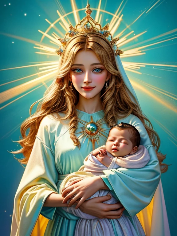  The mystery of the Nativity of our Savior Jesus Christ !  Many colors around the   ! Newborn baby - Jesus Christ radiates light , bright rays of light radiate from him  !  His aura shines and illuminates everything around  ! The Holy Virgin Mary holds a newborn baby, Jesus Christ in her arms ! A very sweet and beautiful newborn baby smiles !  beautiful blue eyes  ! A bright halo above the newborn's head ! Магия создания  masterpiece failsов в портретном искусстве ! All ,  paints cast on canvas,  magically move and mix ,  turning into a stunningly beautiful portrait  !  masterpiece fails,  bright and contrasting colors are amazing  . наше воображение - создание  masterpiece failsа в стиле Альберто Севезо !!  Merry Christmas to all  !!