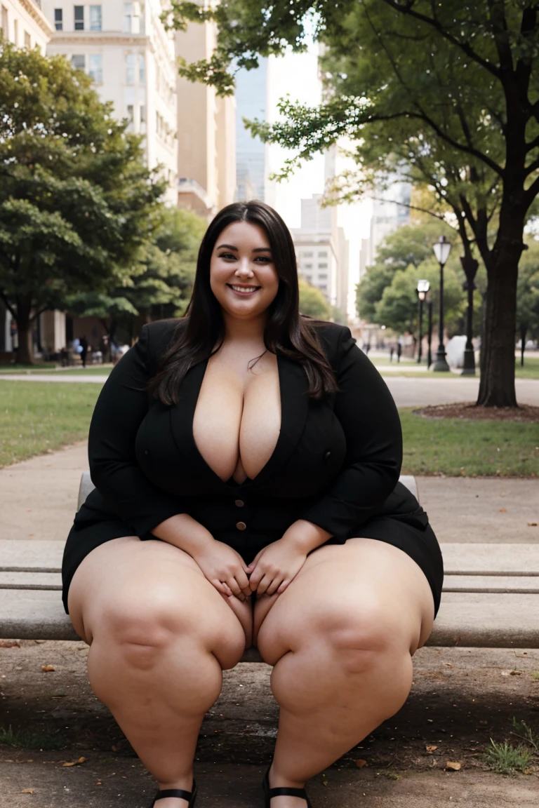 A beautiful and hot chubby woman with big butt.. who is wearing a black business suit with tight buttons, and sitting in the park. A smiling face, elegant long dark hair