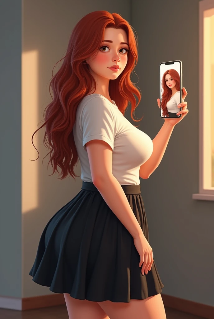 A girl with Western European features, with dyed red hair, glasses, light brown eyes, white skin, . Slim build, breasts a little big and round, Defined hips, small stature. He is in his room about to go out to party, posing in front of the mirror taking a photo with his iPhone, The photo is from the legs to the head. Her outfit is a pink dress, short and tight. Natural lighting at night. Photo style is realistic