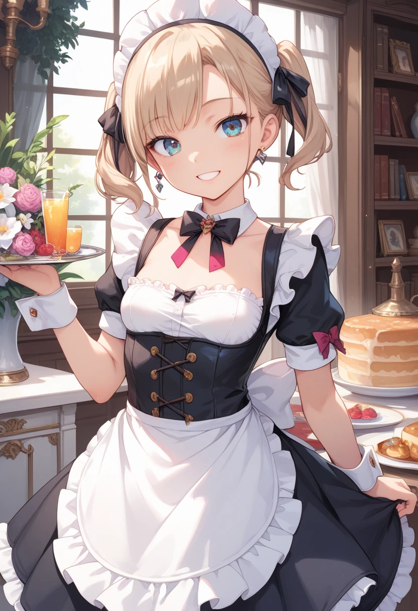 masterpiece, best quality, score_9, score_8_up, source_anime, girl, (petite), smile, fantasy, maid,