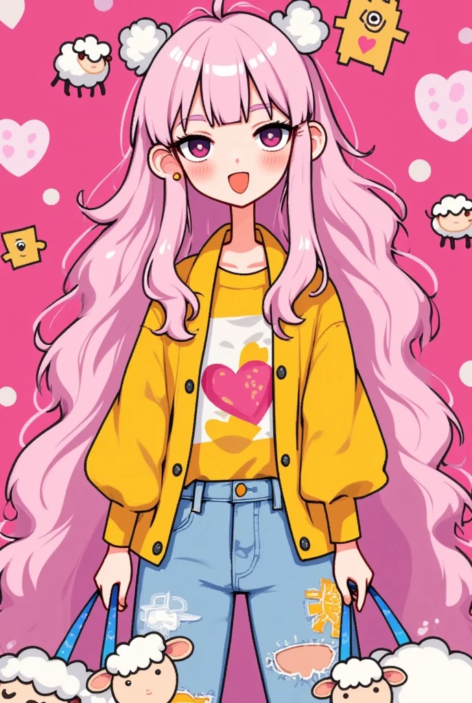 (masterpiece:1.2,  highres icon:1.3, good anatomy:1.3), 1woman,  pink fluffy long hair, Thick eyebrows:1.3, Girlish Style,  sticking out her tongue , Bright Face,  sneakers,  ( pink background\Illustration of lots of sheep )