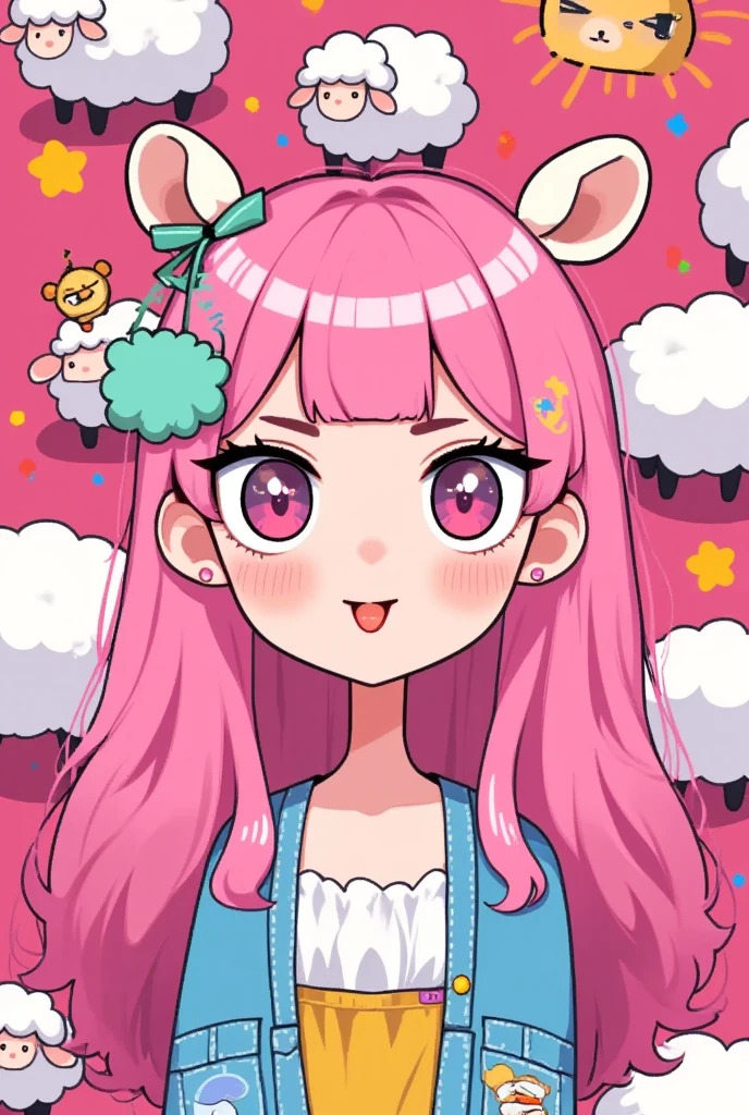 (masterpiece:1.2,  highres icon:1.3, good anatomy:1.3), 1woman,  pink fluffy long hair, Thick eyebrows:1.3, Girlish Style,  sticking out her tongue , Bright Face,  sneakers,  ( pink background\Illustration of lots of sheep )