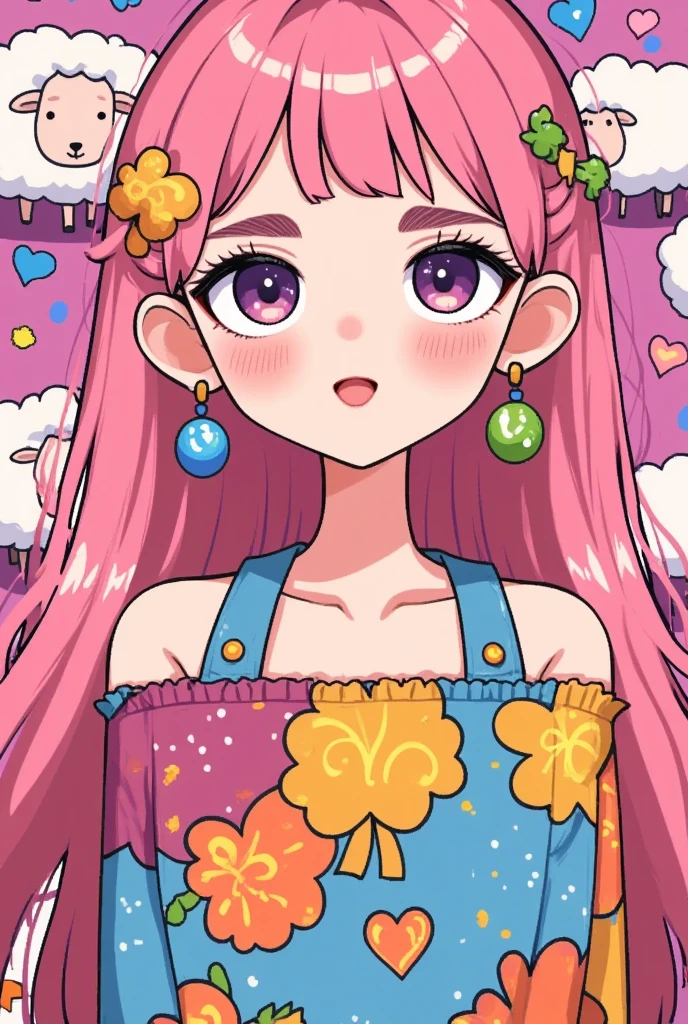 (masterpiece:1.2,  highres icon:1.3, good anatomy:1.3), 1woman,  pink fluffy long hair, Thick eyebrows:1.3, Girlish Style,  sticking out her tongue , Bright Face,  sneakers,  ( pink background\Illustration of lots of sheep )