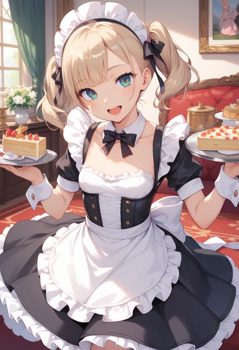 masterpiece, best quality, score_9, score_8_up, source_anime, girl, (petite), smile, open mouth, fantasy, maid,