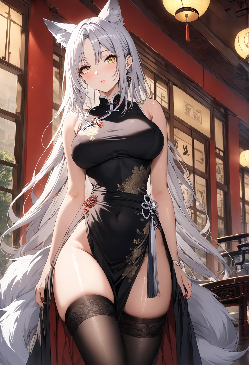 Highest quality, masterpiece, 1girl, solo, (white long hair), parted bangs, ((yellow eyes)), wolf ears, wolf tails, chinese dress, slim waist, shiny skin, (long dress), (tight dress), (ying and yang dress), (clothed), black dress, large breasts, thighs, thigh highs, tea shop background, Chinese background, beautiful lighting, expressionless, calm, elegant, 