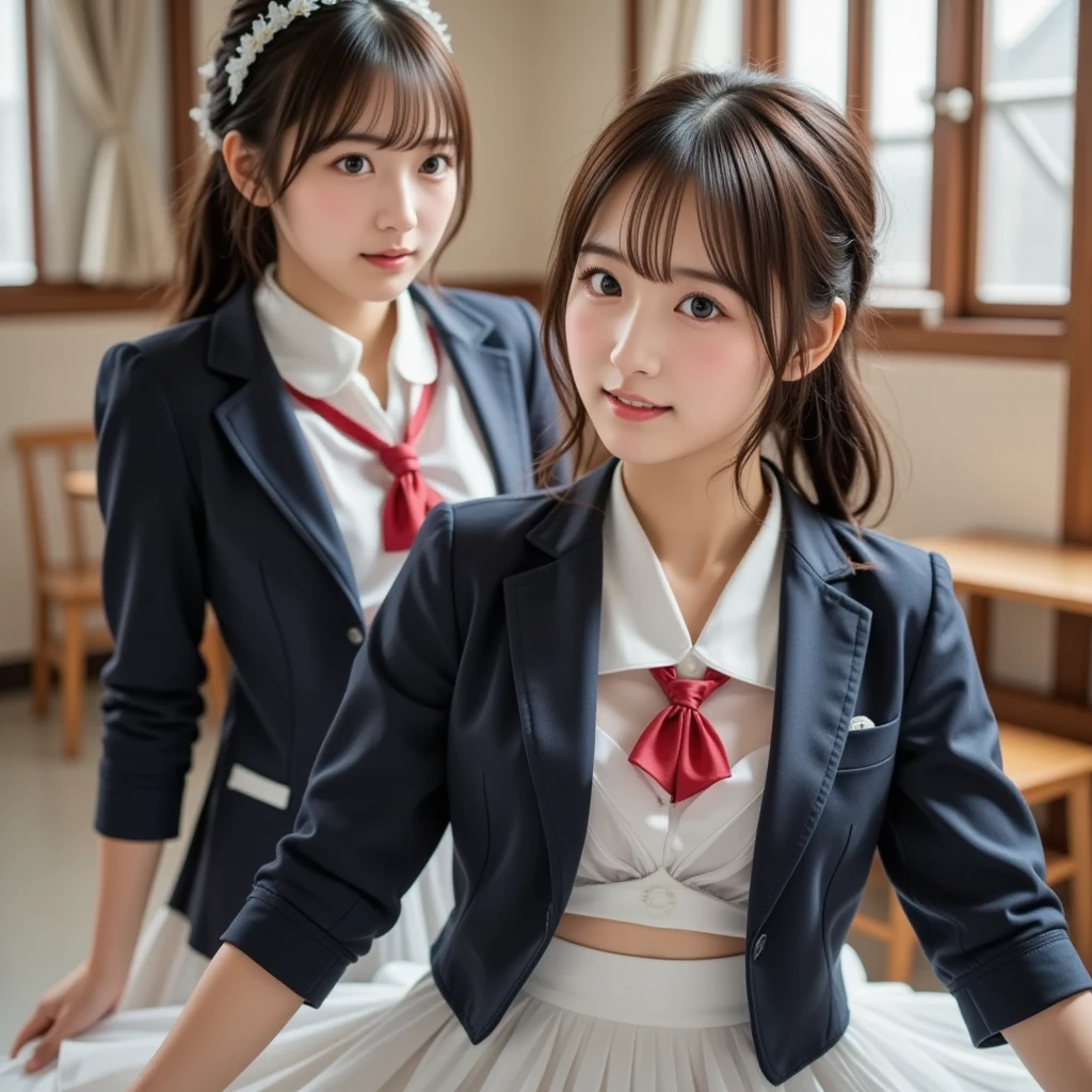 『２ Japanese girls:1.3』『 real photo:1.3』 top quality:1.2、(( Big Breasts ))、 Slightly Visible Cleavage 、(( young woman))、(( has red cheeks))(( smiling in the pool changing room :3))、((( anatomically correct、 perfect anatomy、 anatomically correct指)))、 realistic ,  top quality,  super high resolution ,  RAW photo, (Curvy body)、
 super real ,  photorealistic ,  she looks so happy , shadow, Global Illumination, Alone, ( a famous teenage Japanese idol girl :1.5),  A very beautiful and fragile Japanese girl , Very beautiful、 a cute but masculine cool face , (とても Big Breasts ),  surimi waist , ( wearing a gray Japanese high school uniform with a white shirt, blazer, and skirt, Red Ribbon:1.2), (とても Big Breasts ), The cherry blossoms are in full bloom outside ,  Window , curtain, She's dancing with ２ people in her high school classroom ,  showing off her excellent skills in a very novel dance , Dynamic angle,  acrobatic poses , ( facial focus:1.6), とても Big Breasts , Sudden change of direction , Happy smile