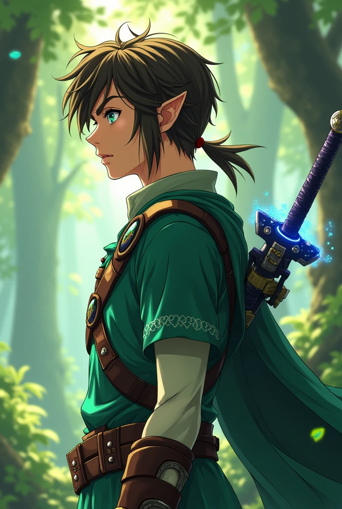 "An anime-style reimagining of a character inspired by Link from The Legend of Zelda, shown in profile view. He has medium-length dark brown hair tied back in a small ponytail, sharp facial features, and a confident expression as he looks to the side. He is wearing a modernized green tunic with leather accents, a stylish cape, and futuristic accessories that evoke a mix of fantasy and technology. The background is a mystical forest illuminated by soft sunlight, with a magical sword glowing faintly on his back. The art style is vibrant and detailed, capturing the essence of a heroic anime protagonist."

