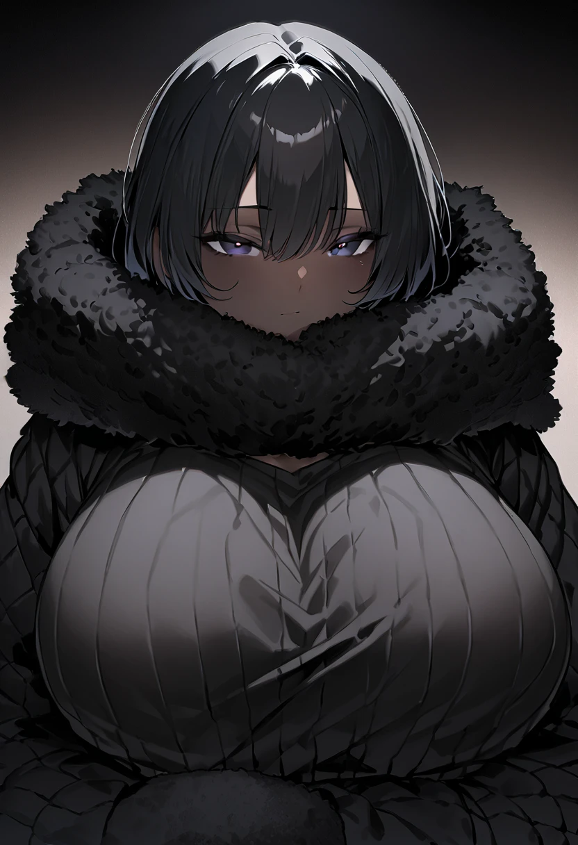 ((masterpiece)), ( top quality),   long black hair ,  comfy black sweater ,  Fluffy Sweater ,  g cup bust,  black face mask on your face,  staring at the camera, 24 years old,  put a sweater on your hand ,  soft breasts,  big enough chest 