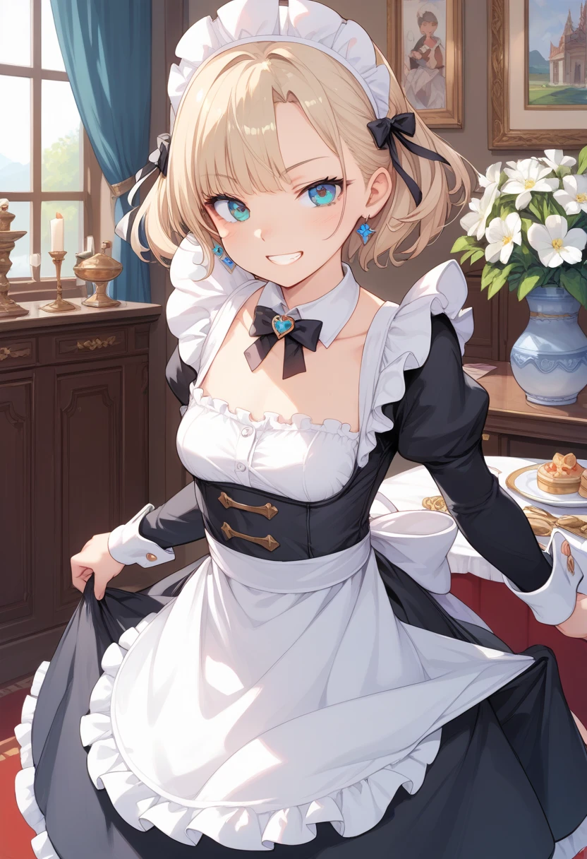 masterpiece, best quality, score_9, score_8_up, source_anime, girl, (petite), grin, fantasy, maid,