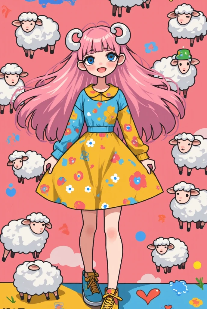 (masterpiece:1.2,  highres icon:1.3, good anatomy:1.3), 1woman,  pink fluffy long hair, Thick eyebrows:1.3, Girlish Style,  sticking out her tongue , Bright Face,  sneakers,  ( pink background\Illustration of lots of sheep )