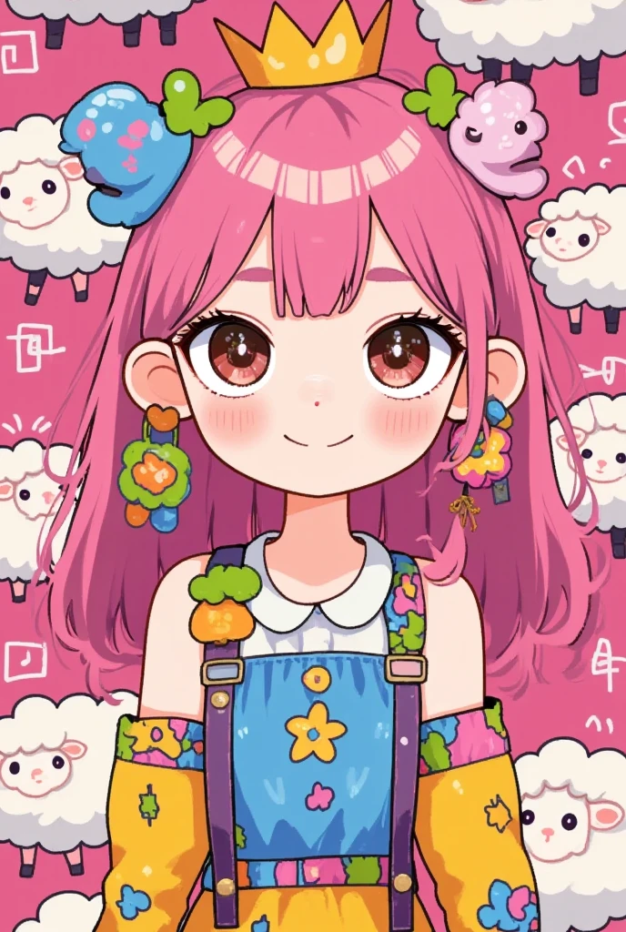 (masterpiece:1.2,  highres icon:1.3, good anatomy:1.3), 1woman,  pink fluffy long hair, Thick eyebrows:1.3, Sheep&#39;s round horns, Girlish Style,  sticking out her tongue , Bright Face,  sneakers,  ( pink background\Illustration of lots of sheep )