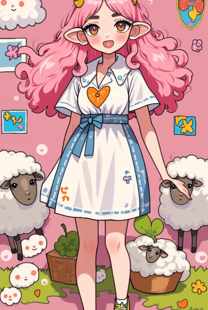 (masterpiece:1.2,  highres icon:1.3, good anatomy:1.3), 1woman,  pink fluffy long hair, Thick eyebrows:1.3, Sheep&#39;s round horns, Girlish Style,  sticking out her tongue , Bright Face,  sneakers,  ( pink background\Illustration of lots of sheep )