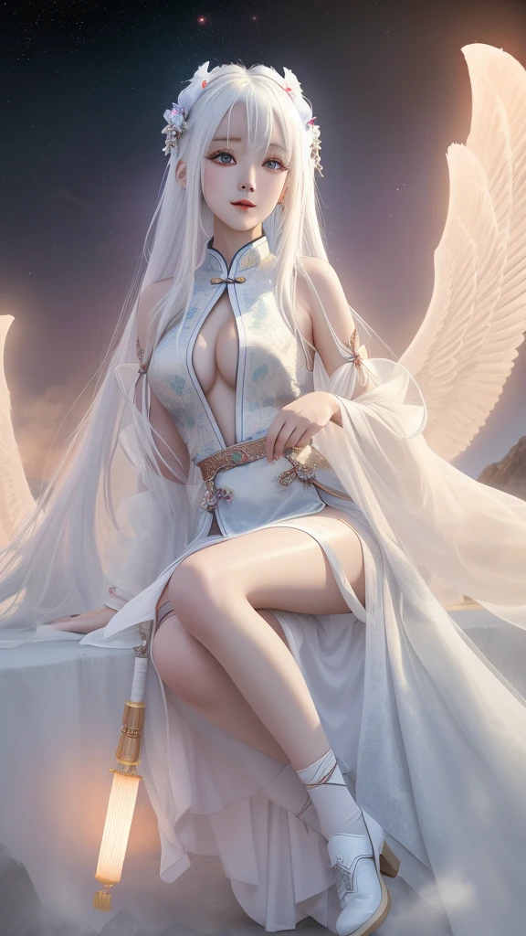 best quality ,masterpiece, illustration, an extremely delicate and eautiful, extremely detailed ,CG ,unity ,8k wallpaper, Amazing, finely detail, masterpiece,best quality,official art, ultra-detailed, highres, extremely detailed,enhanced resolution, exquisite detail, 8K clarity, full-body portrait,regal presence, 1girl,Queen, princess, witch, closed lips, blue heart-shaped pupils, extremely large bosom, exposed shoulders,long flowing hair,((( white/silver hair))), downward gaze, silk robe, jewelry embellishments,magical halo, celestial aura, starry magic, ample bosom, disdainful expression, golden orb, separated sleeves, tassels, , expression of disdain,indifferent face, expression of disgust,(((Updo))),(((White knee socks))),(((Thigh frenulum))), white forearm sleeves,(chinese clothes) ,Witch costume,miko attire ,(((golden open-toe high heels))),delicate lace accents, lace details, majestic crown, precious jewels, golden lac,(((pigeon-toed))),(((sitting))),(((floating)))