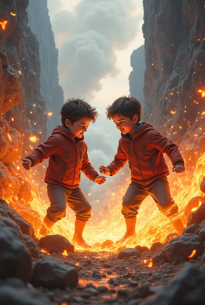 Two vampire children playing at levitating blood. They are on a mountainous surface with floating rocks behind them.