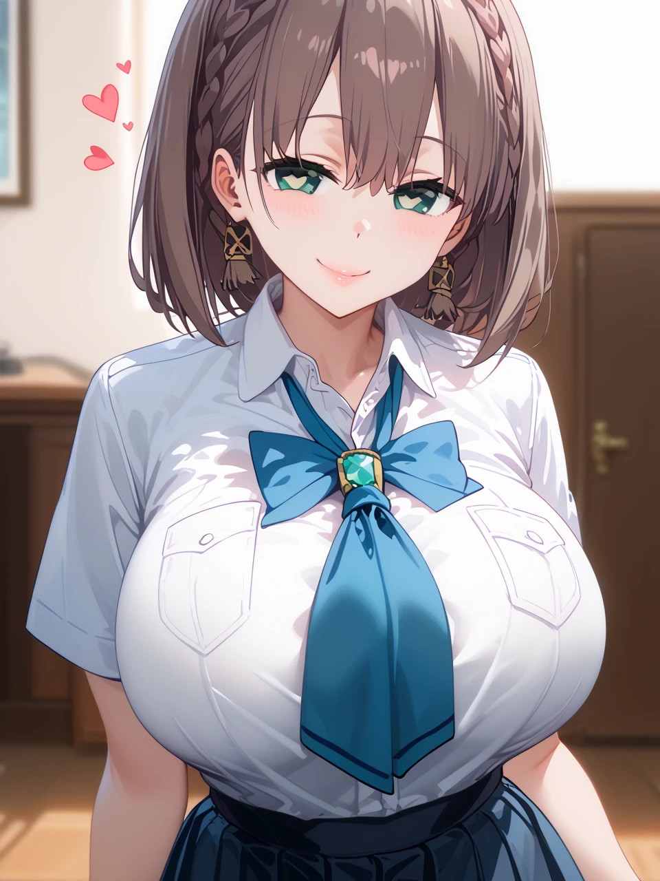         top quality,         top quality,      high quality pictures       ,     Masterpiece  ,          Ultra high resolution   ,         DetAIled Background  ,         Absurd,       Perfect Anatomy     ,         performance deep into the vagina   ,  good lighting ,      Photo Gallery    ,        AI、 short hair、Brown Hair、(Green Eyes:1.3)、 braids 、サイド braids 、
 skirt、 shirt、gem、 school uniform、白 shirt、Short sleeve、プリーツ skirt、 earrings、 ties、襟付き shirt、青い skirt、青い ties、、 huge breasts、 seductive smile, Hearts in eyes,  posing
