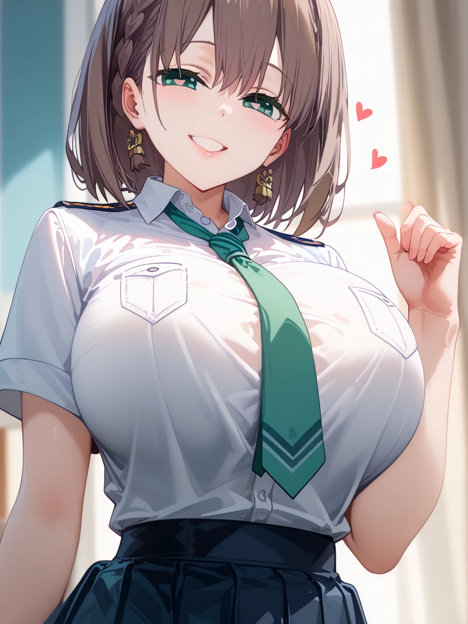         top quality,         top quality,      high quality pictures       ,     Masterpiece  ,          Ultra high resolution   ,         DetAIled Background  ,         Absurd,       Perfect Anatomy     ,         performance deep into the vagina   ,  good lighting ,      Photo Gallery    ,        AI、 short hair、Brown Hair、(Green Eyes:1.3)、 braids 、サイド braids 、
 skirt、 shirt、gem、 school uniform、白 shirt、Short sleeve、プリーツ skirt、 earrings、 ties、襟付き shirt、青い skirt、青い ties、、 huge breasts、 seductive smile, Hearts in eyes,  posing
