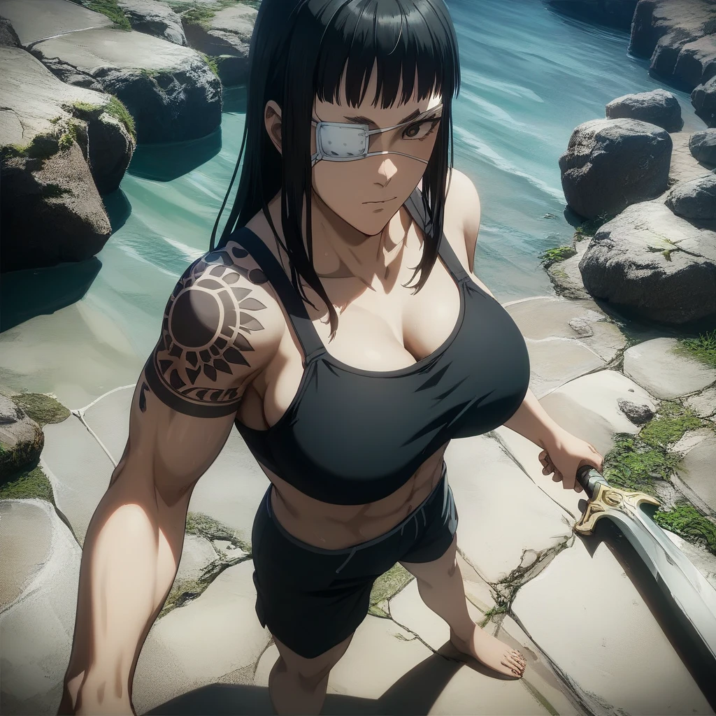 score_9, score_8_up, score_7_up,score_6_up,high resolution,source_anime,s0fiavalm3t,1girl,eyepatch,black hair,long hair,,water,rocks,,full body,,looking at viewer,pov, tattoos on shoulder,wearing sport bra,black sport shorts,Barefoot,standing,,sporting attraction,one of  her  hands hold a blade 