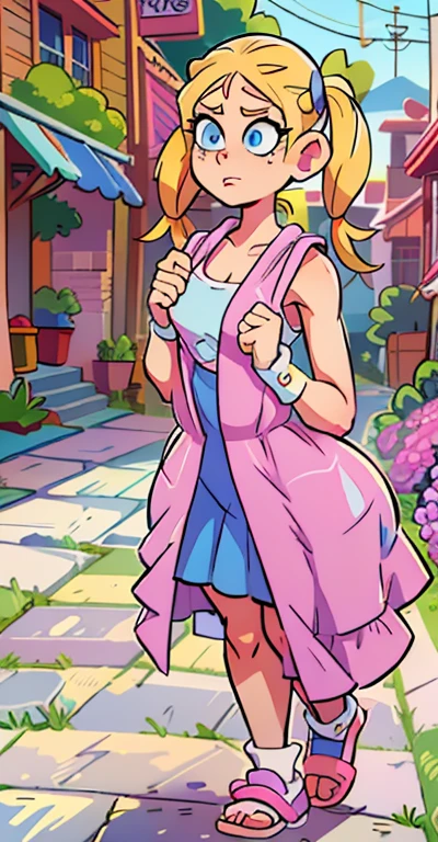 Teenage Helga Pataki from nickelodeon, yellow big pigtails, one single thick eyebrow, blue eyes, big assa, [Wide hips: 1.5] , full pink dress, alone, in the streets, small breasts, walking