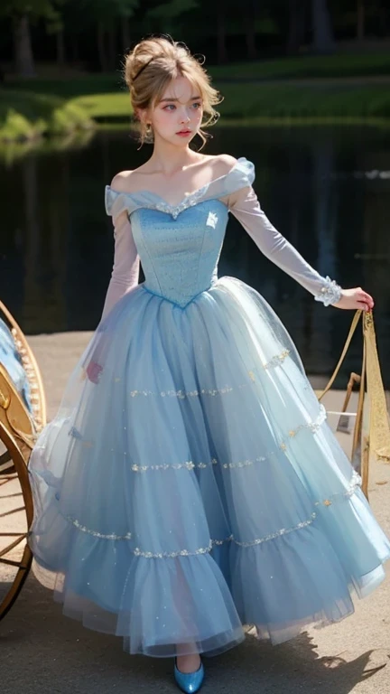 Cinderella, the epitome of grace and kindness, is a young woman with fair skin, soft blue eyes, and golden blonde hair elegantly styled in a neat updo, often adorned with a simple, sparkling headband. She wears her iconic ball gown, a shimmering light blue dress with puffed sleeves, a fitted bodice, and a voluminous skirt that flows gracefully as she moves. Glass slippers adorn her feet, catching the light with their delicate sparkle. Cinderella's expression radiates hope and warmth, and she is often depicted standing in a magical setting, such as a grand ballroom or beneath a starlit sky with her enchanted pumpkin carriage and friendly mice nearby, embodying her transformation and timeless fairytale charm.
