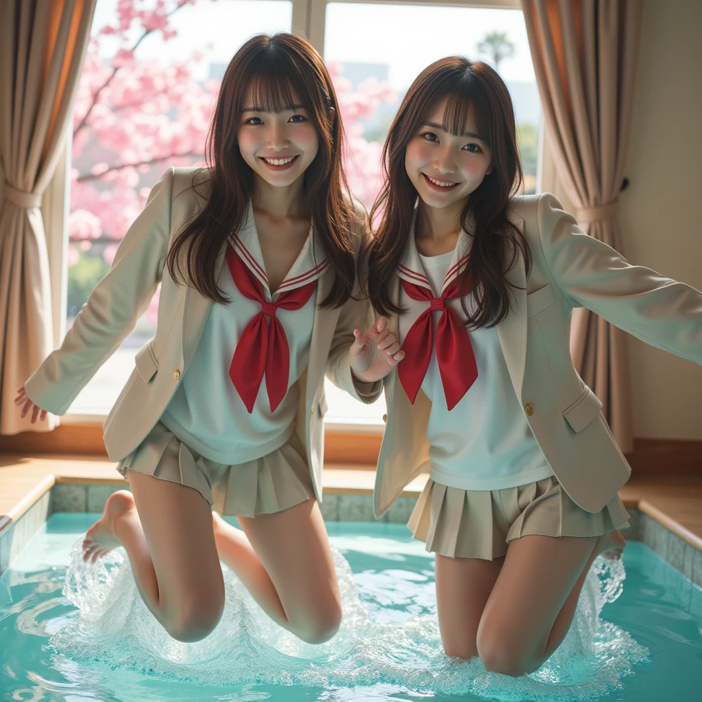 『２ Japanese girls:1.3』『 real photo:1.3』 top quality:1.2、(( Big Breasts ))、 Slightly Visible Cleavage 、(( young woman))、(( has red cheeks))(( smiling in the pool changing room :3))、((( anatomically correct、 perfect anatomy、 anatomically correct指)))、 realistic ,  top quality,  super high resolution ,  RAW photo, (Curvy body)、  super real ,  photorealistic ,  she looks so happy , shadow, Global Illumination, Alone, ( a famous teenage Japanese idol girl :1.5),  A very beautiful and fragile Japanese girl , Very beautiful、 a cute but masculine cool face , (とても Big Breasts ),  surimi waist , ( wearing a gray Japanese high school uniform with a white shirt, blazer, and skirt, Red Ribbon:1.2), (とても Big Breasts ), The cherry blossoms are in full bloom outside ,  Window , curtain, She's dancing with ２ people in her high school classroom ,  showing off her excellent skills in a very novel dance , Dynamic angle,  acrobatic poses , ( facial focus:1.6), とても Big Breasts , Sudden change of direction , Happy smile