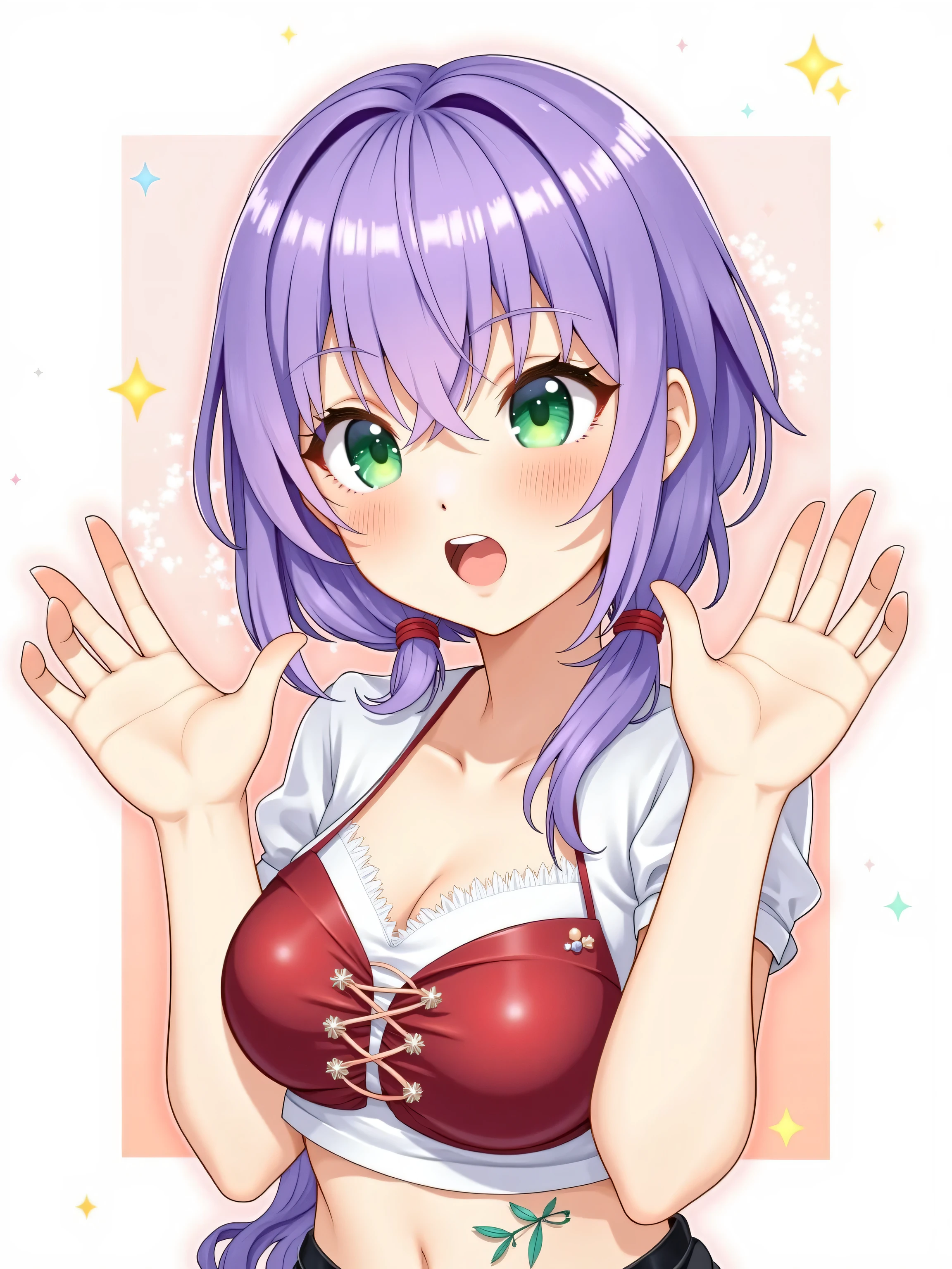 (masterpiece, highres, high resolution:1.2), anime 20 yo girl, portrait, shoulders up, illustration. drawn, violet hair, asian girl, green eyes, blushing, solo, surprised, freckles, big lips, huge breasts, perfect body, wearing a tight crop top, no hands.