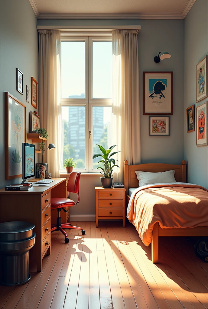 Please draw an interior design for boys，The room is about 7 square meters，Includes a bed、A writing desk、An electric piano、A bookcase。