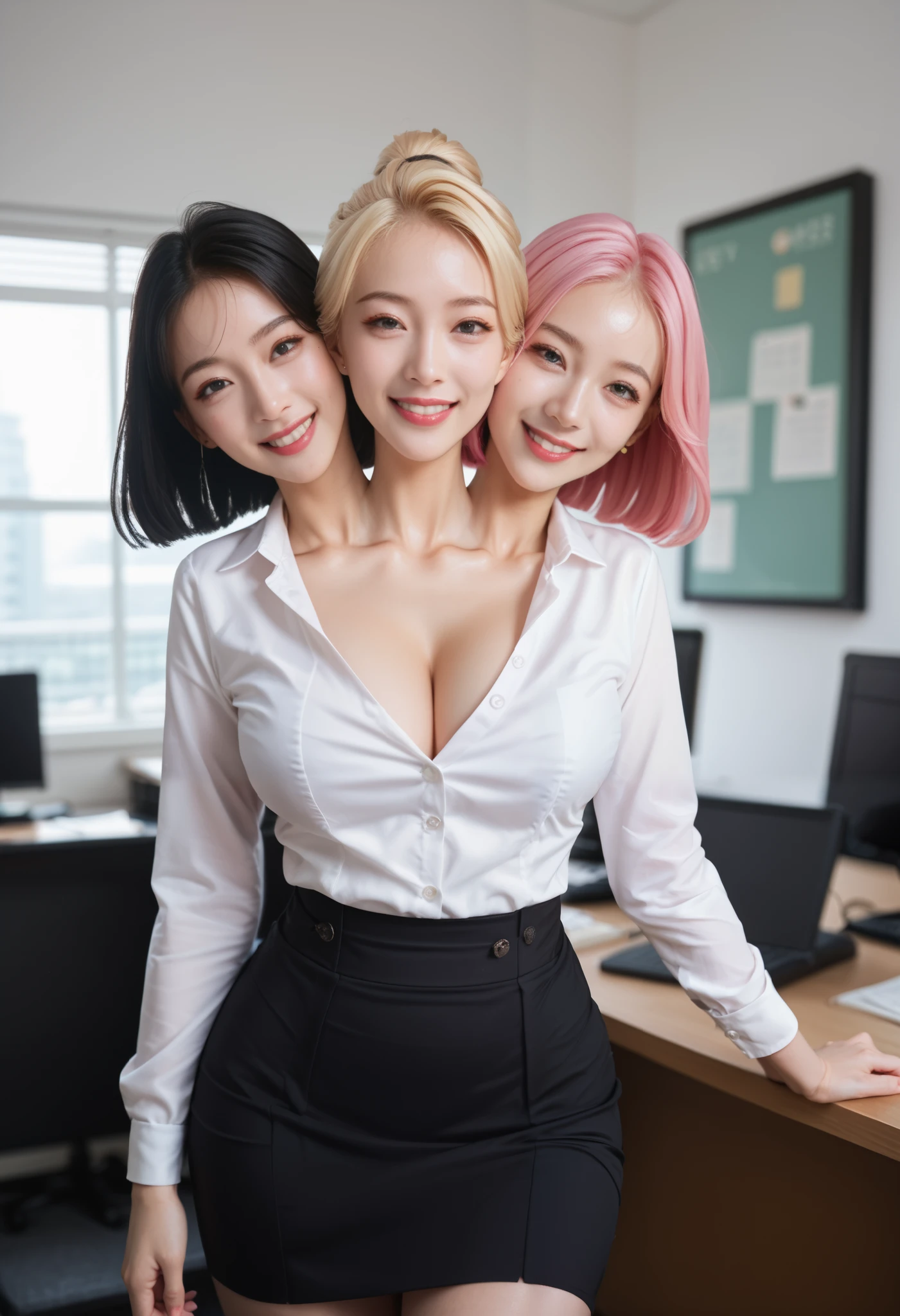 best resolution, conjoined, 3heads,  woman with three heads, tall, big chest, different hairstyles, pink hair, blonde hair, black hair, short hair, white button shirt, high-waist office skirt, smiling