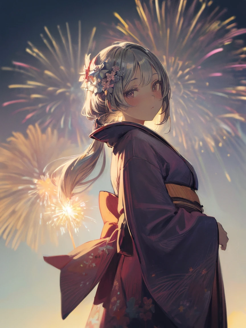 (masterpiece, highest quality:1.2),  1 girl, 
beautiful detailed grow, daydreaming expression, in the night,
((immensely detailed beautiful firework)),  ((cute kimono))
,  (lots of drool), The body shakes violently,
 ((Hasselblad Photos)), [:(detailed face:1.2):0.2],
(Silver twin-tail hairstyle) , silver long hair , from below